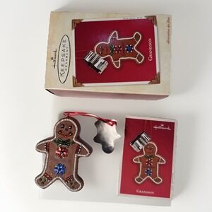 GINGERBREAD‎ MAN w/COOKIE CUTTER HALLMARK 2003 "GRANDSON" Christmas Ornament